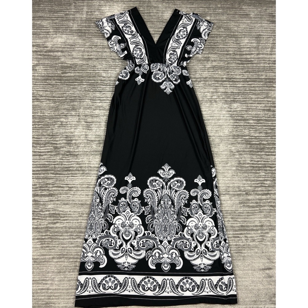 Studio Y Dress Womens XS Black White‎ V-Neck Maxi Polyester Blend Casual